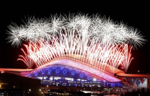 Fireworks explode over the Fisht Olympic Stadium during the closing ceremony for the 2014 Sochi Winter Olympics